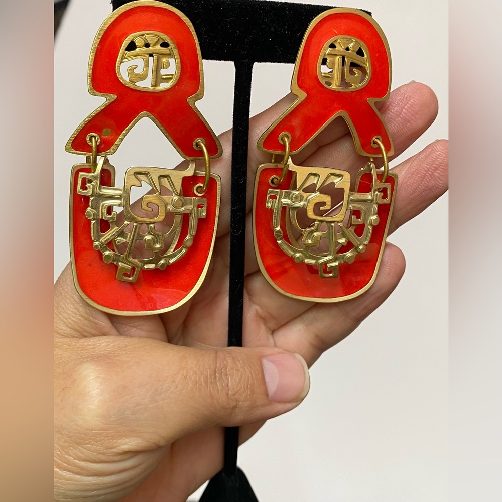 Vintage EDGAR BEREBI Earrings Rare Design Red Enamel Modernist HUGE Runway Bold